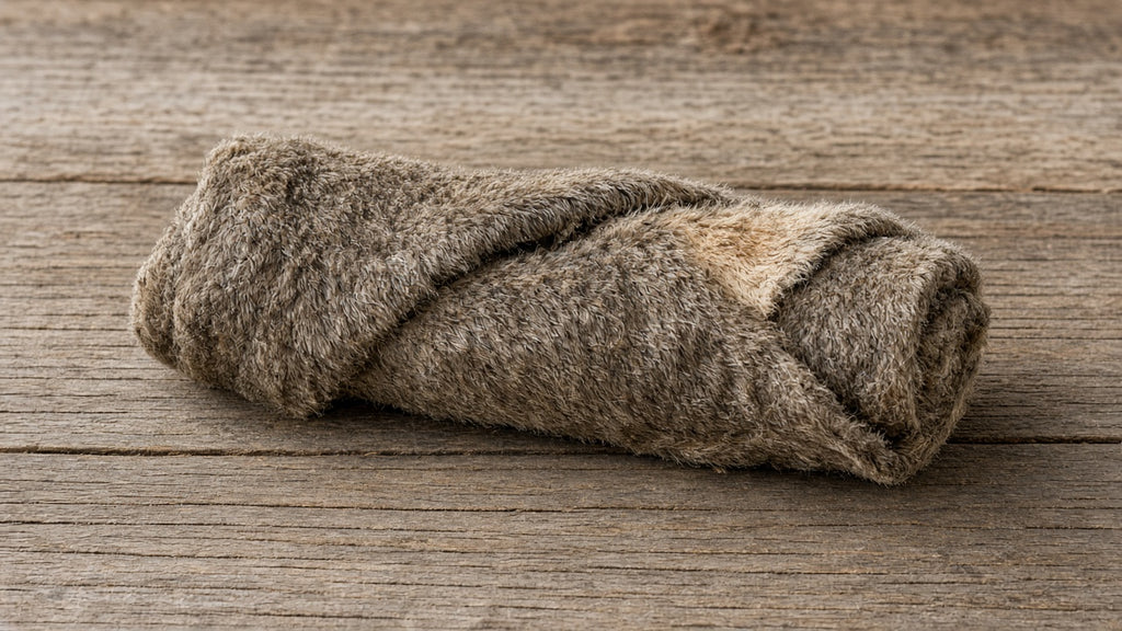 Sheep skin jerky roll side view on weathered wood