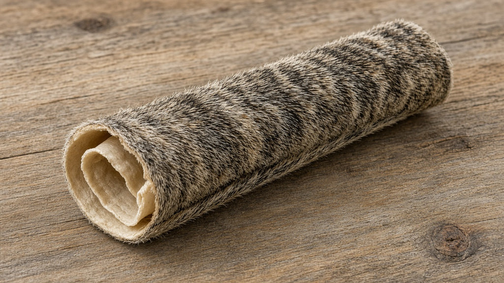 Sheep skin jerky roll open-end angle showing fur-on hide