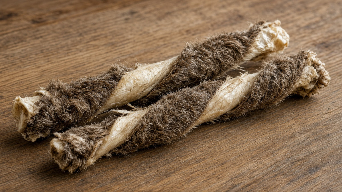 Pair of sheep skin jerky rolls showing wool texture