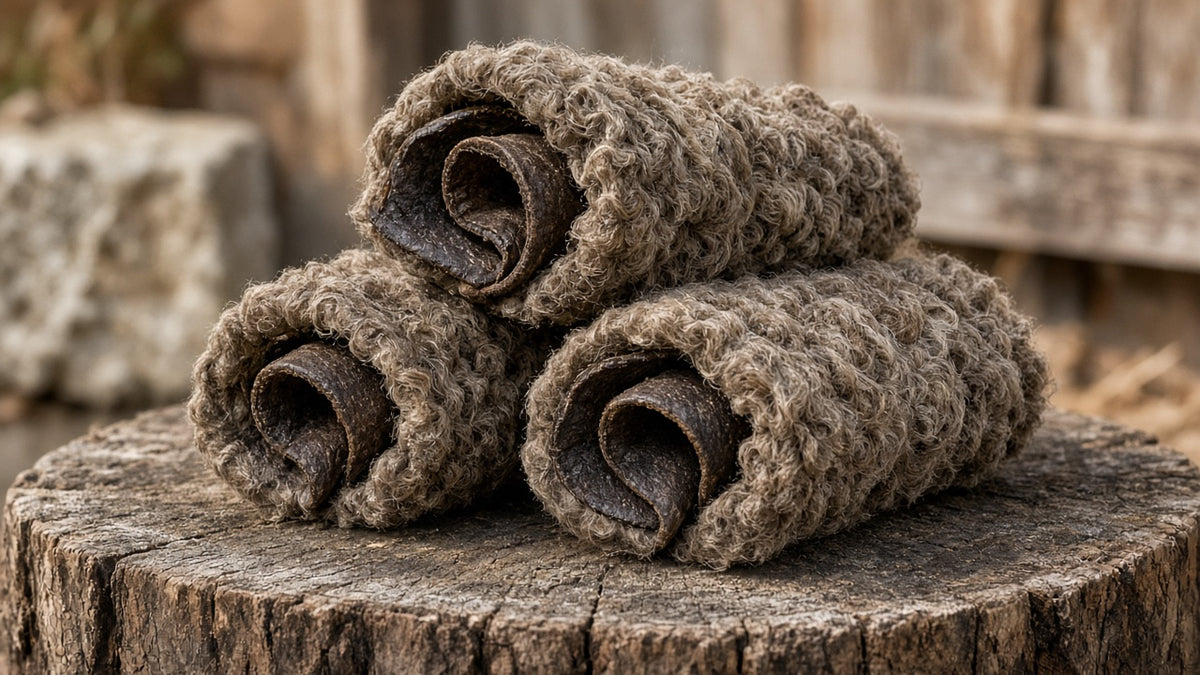 Hero stack of sheep skin jerky rolls on stump